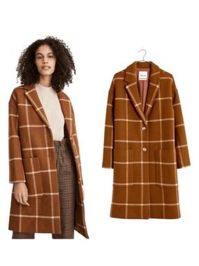 Madewell Elmcourt Rust Brown Windowpane Wool-Blend Coat Small